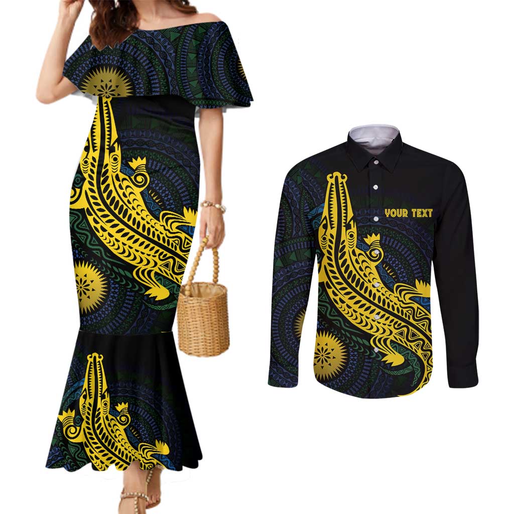 Personalized Solomon Islands Independence Anniversary Couples Matching Mermaid Dress and Long Sleeve Button Shirt Crocodile Mix Tapa