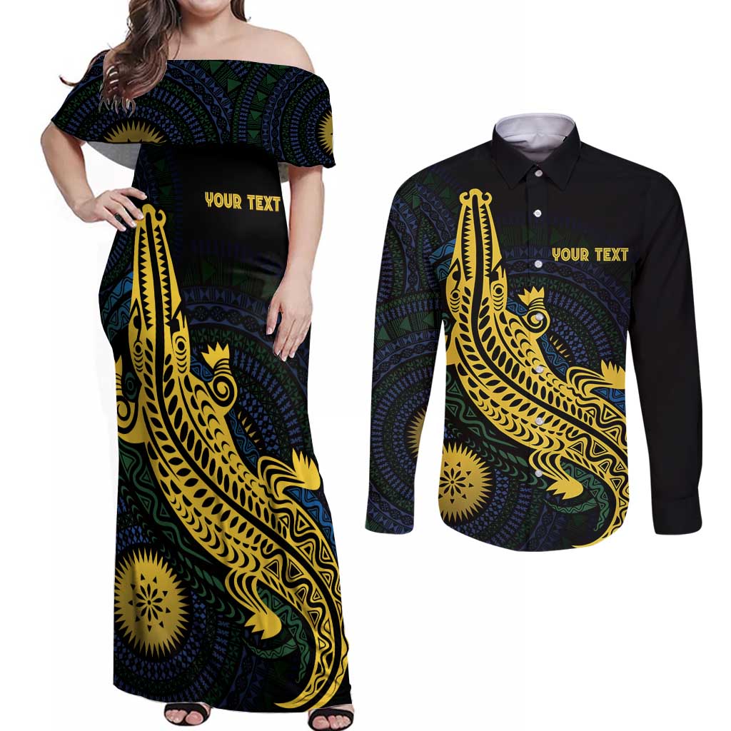 Personalized Solomon Islands Independence Anniversary Couples Matching Off Shoulder Maxi Dress and Long Sleeve Button Shirt Crocodile Mix Tapa