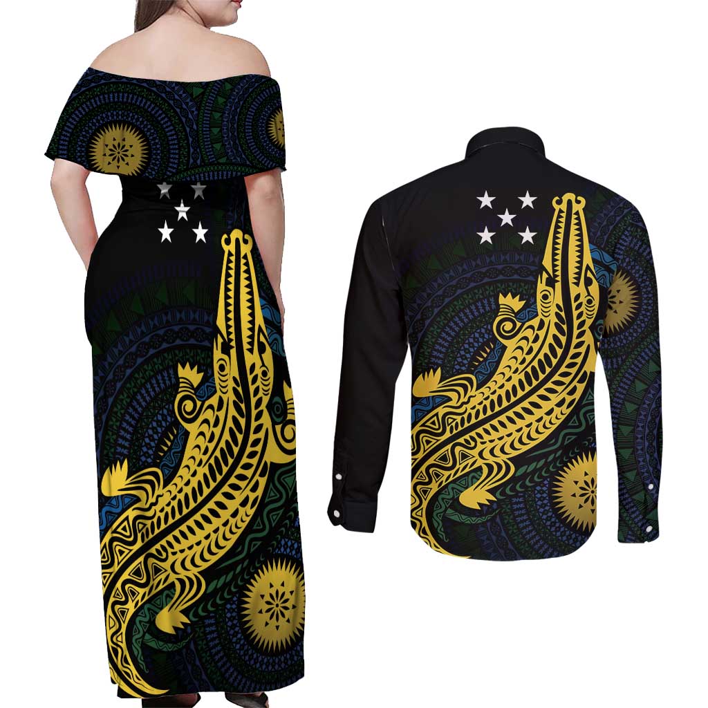 Personalized Solomon Islands Independence Anniversary Couples Matching Off Shoulder Maxi Dress and Long Sleeve Button Shirt Crocodile Mix Tapa