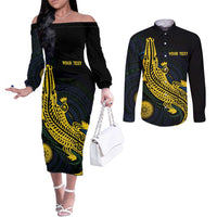 Personalized Solomon Islands Independence Anniversary Couples Matching Off The Shoulder Long Sleeve Dress and Long Sleeve Button Shirt Crocodile Mix Tapa
