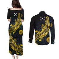 Personalized Solomon Islands Independence Anniversary Couples Matching Puletasi and Long Sleeve Button Shirt Crocodile Mix Tapa