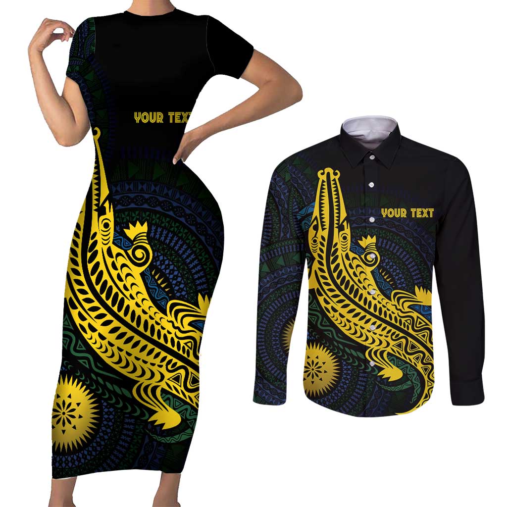 Personalized Solomon Islands Independence Anniversary Couples Matching Short Sleeve Bodycon Dress and Long Sleeve Button Shirt Crocodile Mix Tapa