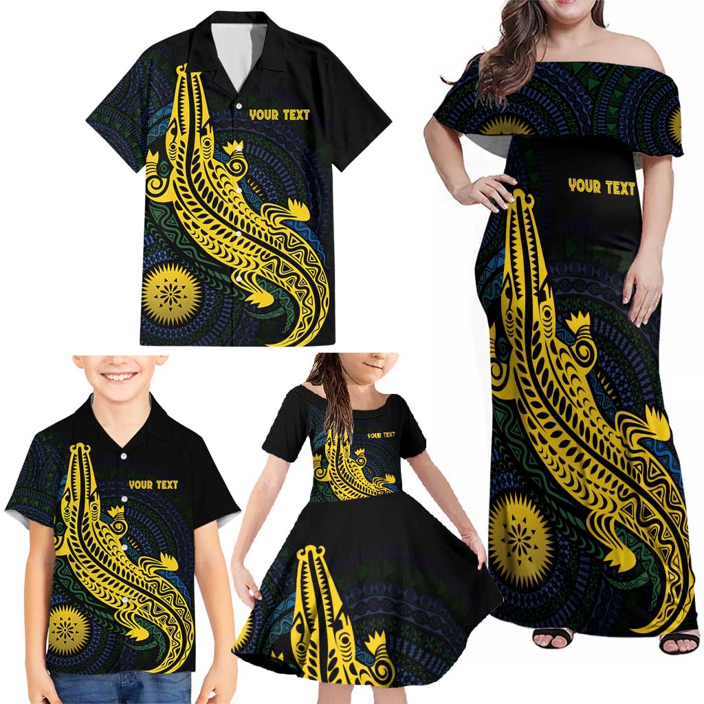 Personalized Solomon Islands Independence Anniversary Family Matching Off Shoulder Maxi Dress and Hawaiian Shirt Crocodile Mix Tapa
