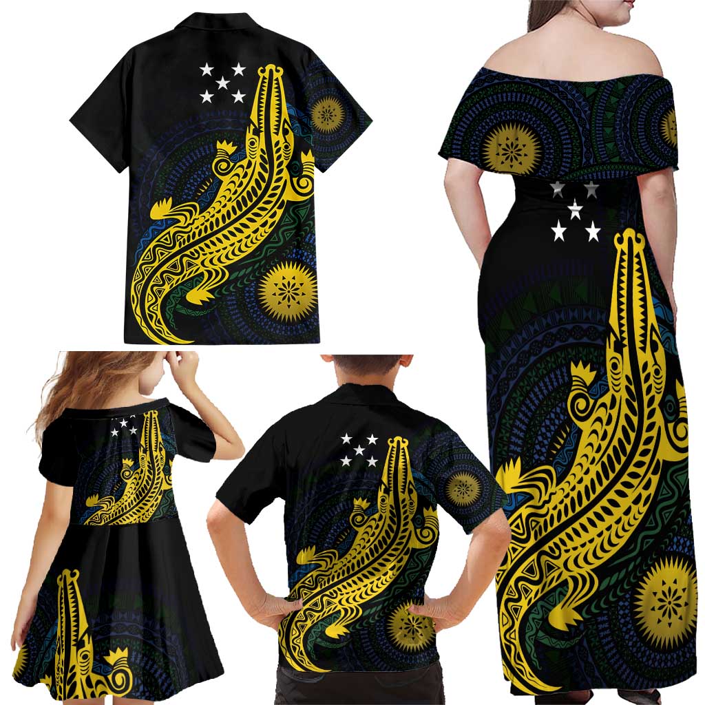 Personalized Solomon Islands Independence Anniversary Family Matching Off Shoulder Maxi Dress and Hawaiian Shirt Crocodile Mix Tapa