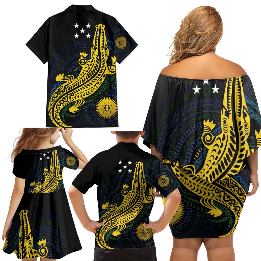 Personalized Solomon Islands Independence Anniversary Family Matching Off Shoulder Short Dress and Hawaiian Shirt Crocodile Mix Tapa