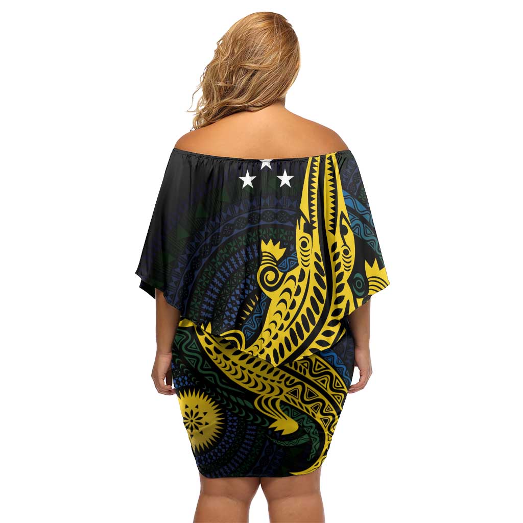 Personalized Solomon Islands Independence Anniversary Family Matching Off Shoulder Short Dress and Hawaiian Shirt Crocodile Mix Tapa