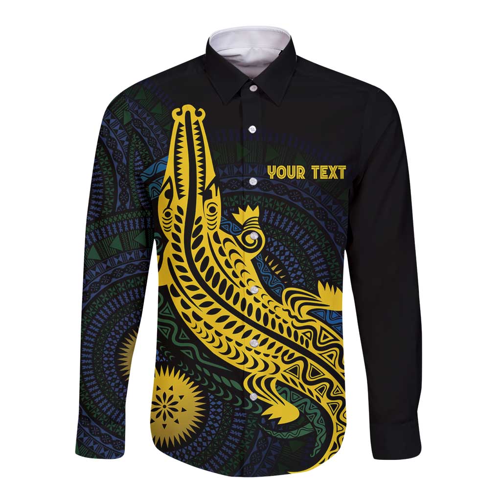 Personalized Solomon Islands Independence Anniversary Long Sleeve Button Shirt Crocodile Mix Tapa