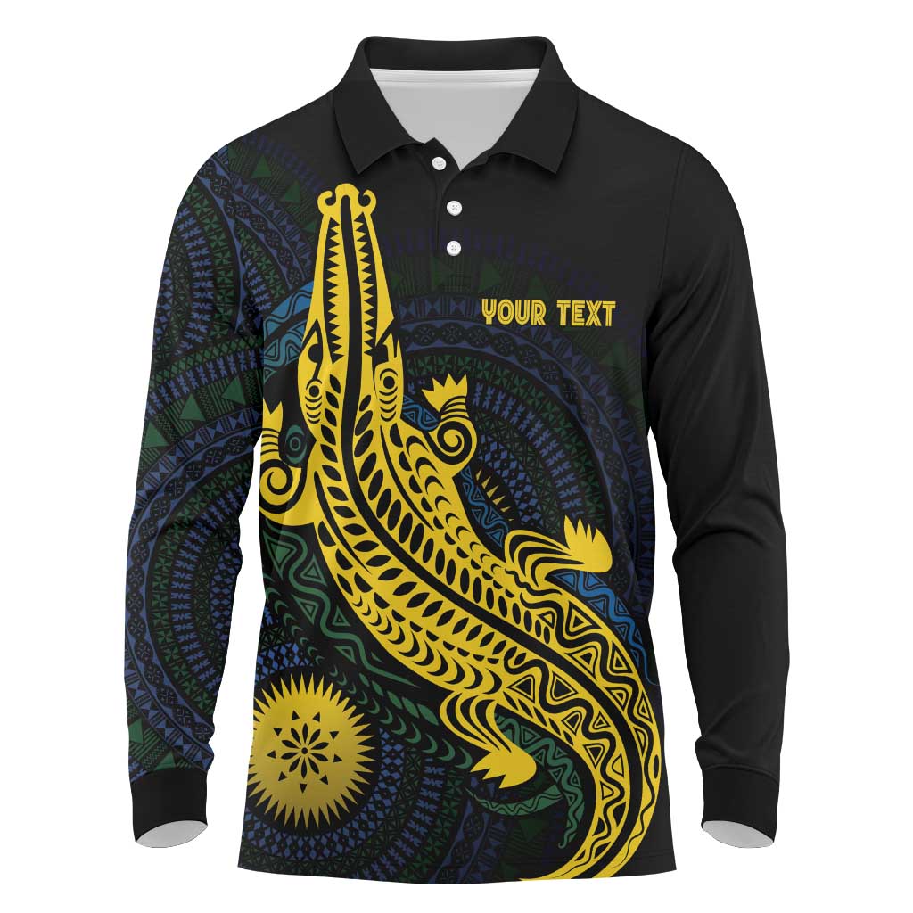 Personalized Solomon Islands Independence Anniversary Long Sleeve Polo Shirt Crocodile Mix Tapa