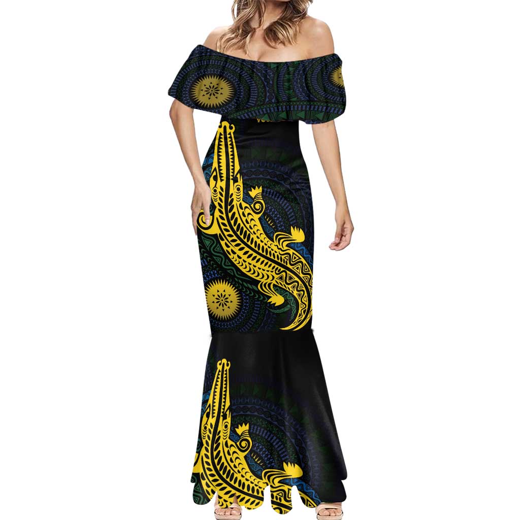 Personalized Solomon Islands Independence Anniversary Mermaid Dress Crocodile Mix Tapa