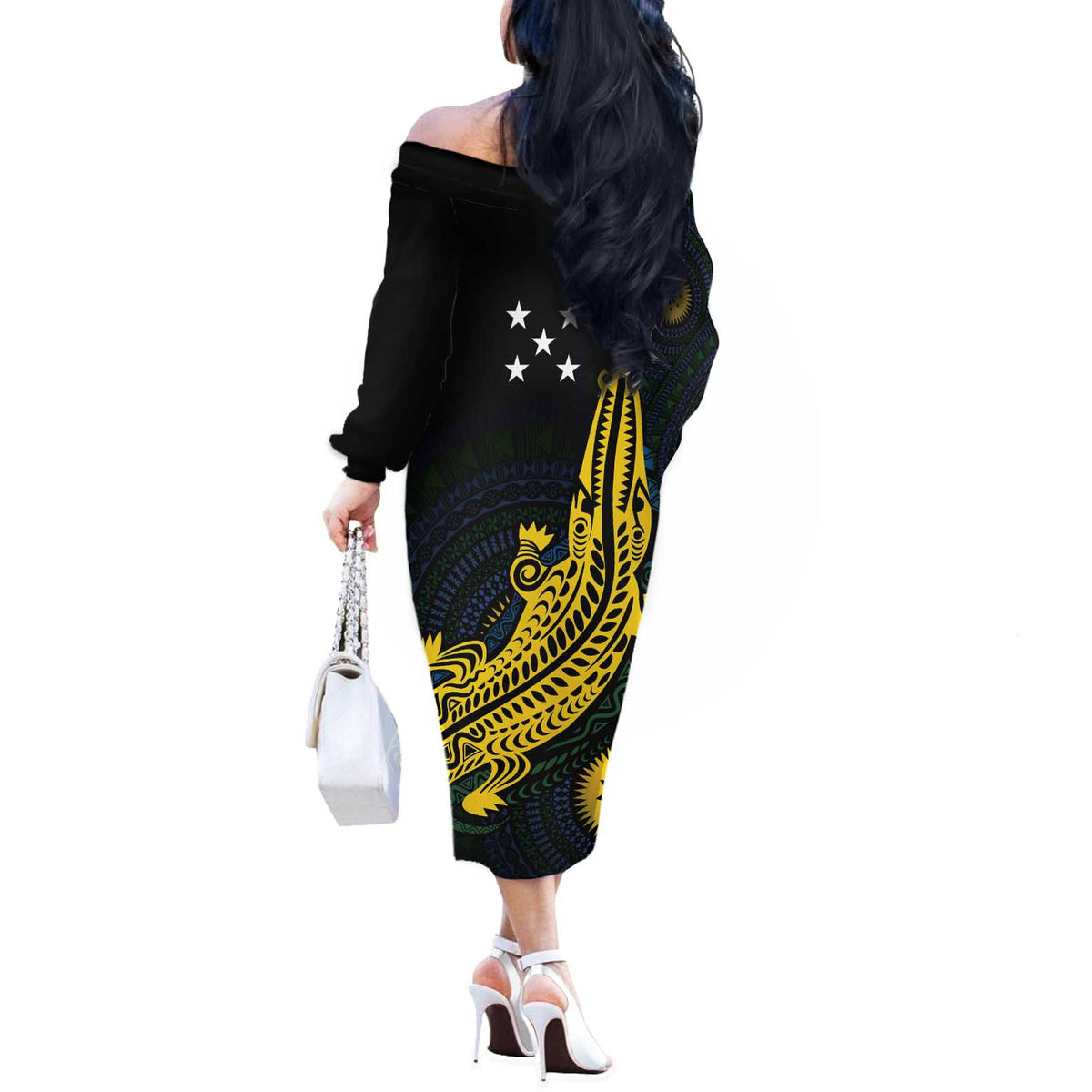 Personalized Solomon Islands Independence Anniversary Off The Shoulder Long Sleeve Dress Crocodile Mix Tapa