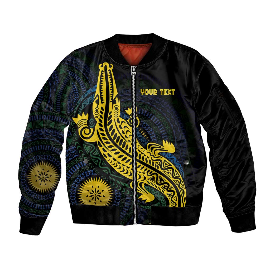 Personalized Solomon Islands Independence Anniversary Sleeve Zip Bomber Jacket Crocodile Mix Tapa