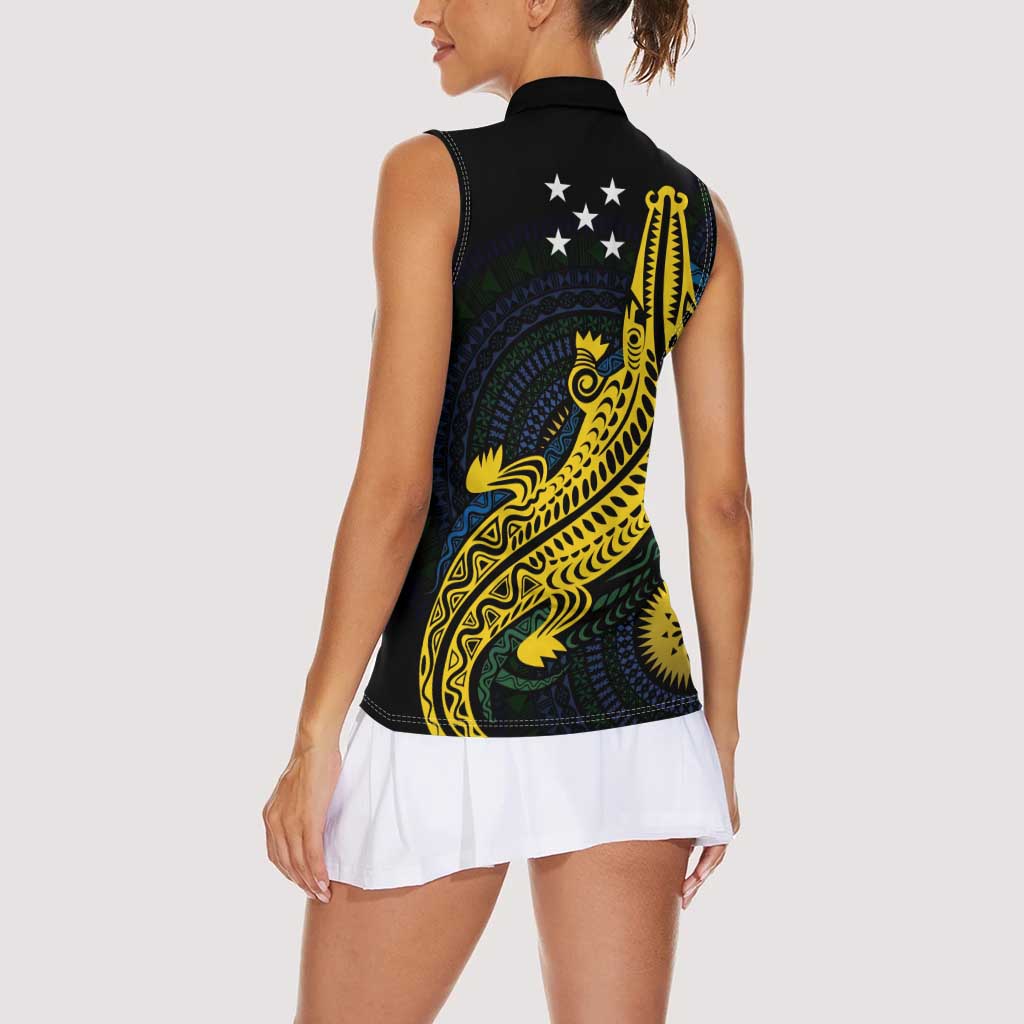Personalized Solomon Islands Independence Anniversary Women Sleeveless Polo Shirt Crocodile Mix Tapa
