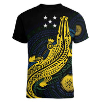 Personalized Solomon Islands Independence Anniversary Women V-Neck T-Shirt Crocodile Mix Tapa