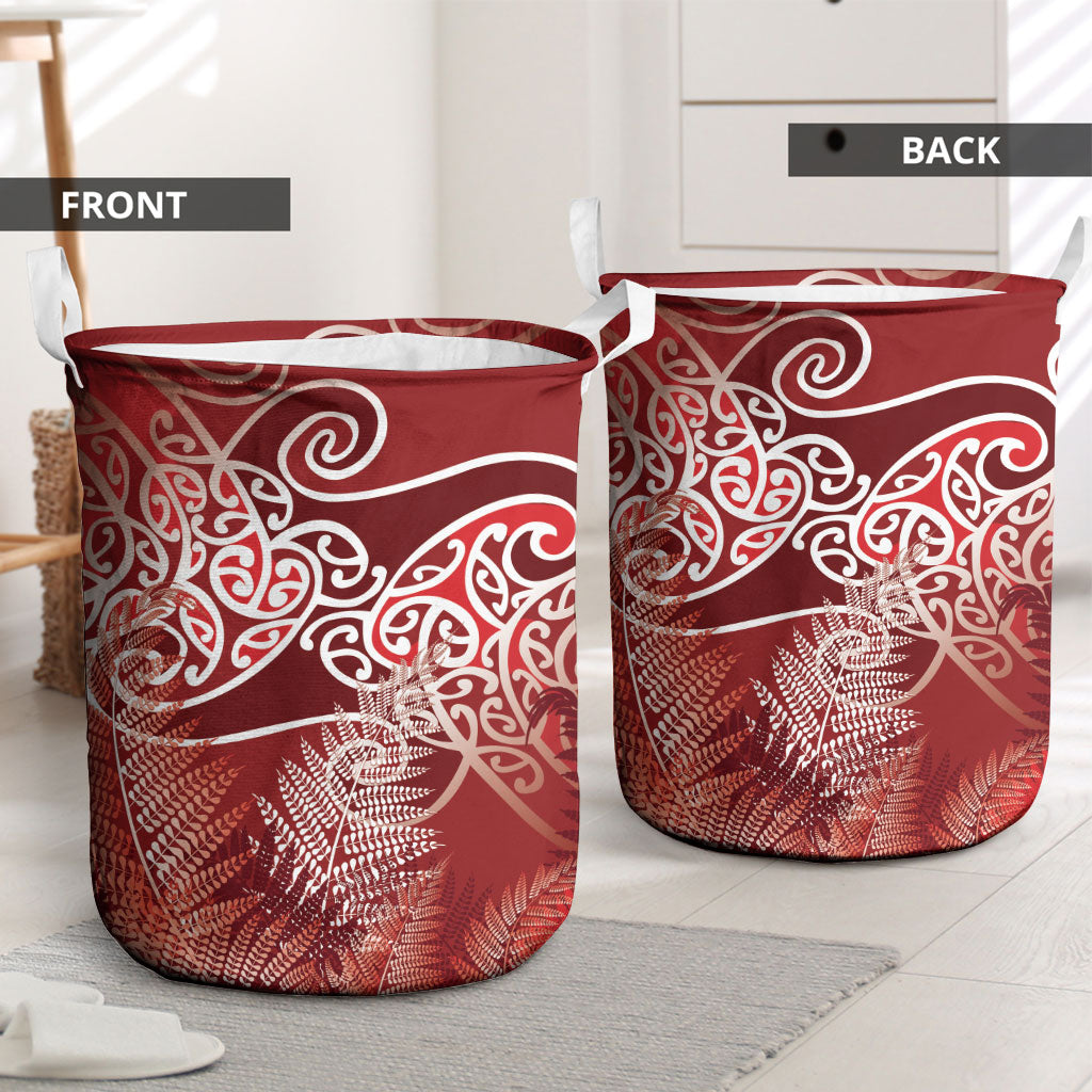Aotearoa Maori Koru Curves Laundry Basket Silver Ferns - Crimson Red