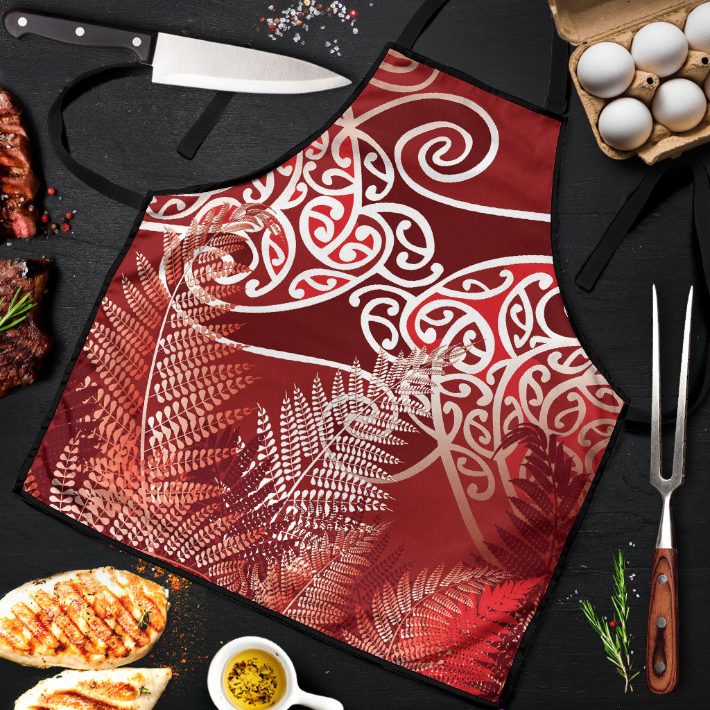 Aotearoa Maori Koru Curves Apron Silver Ferns - Crimson Red