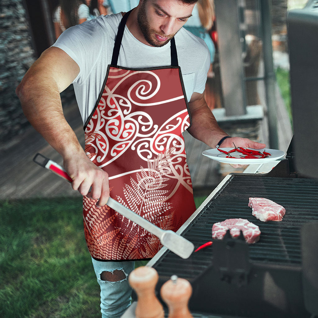 Aotearoa Maori Koru Curves Apron Silver Ferns - Crimson Red