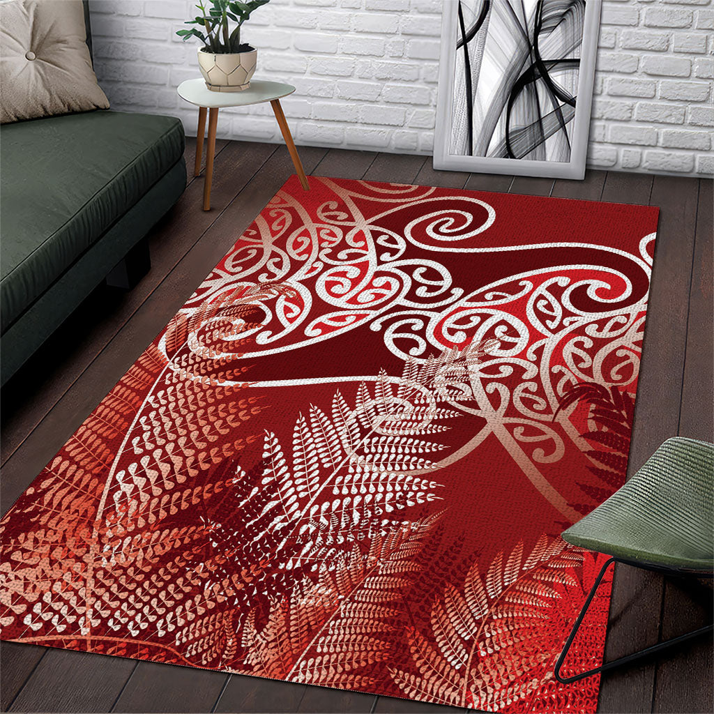 Aotearoa Maori Koru Curves Area Rug Silver Ferns - Crimson Red