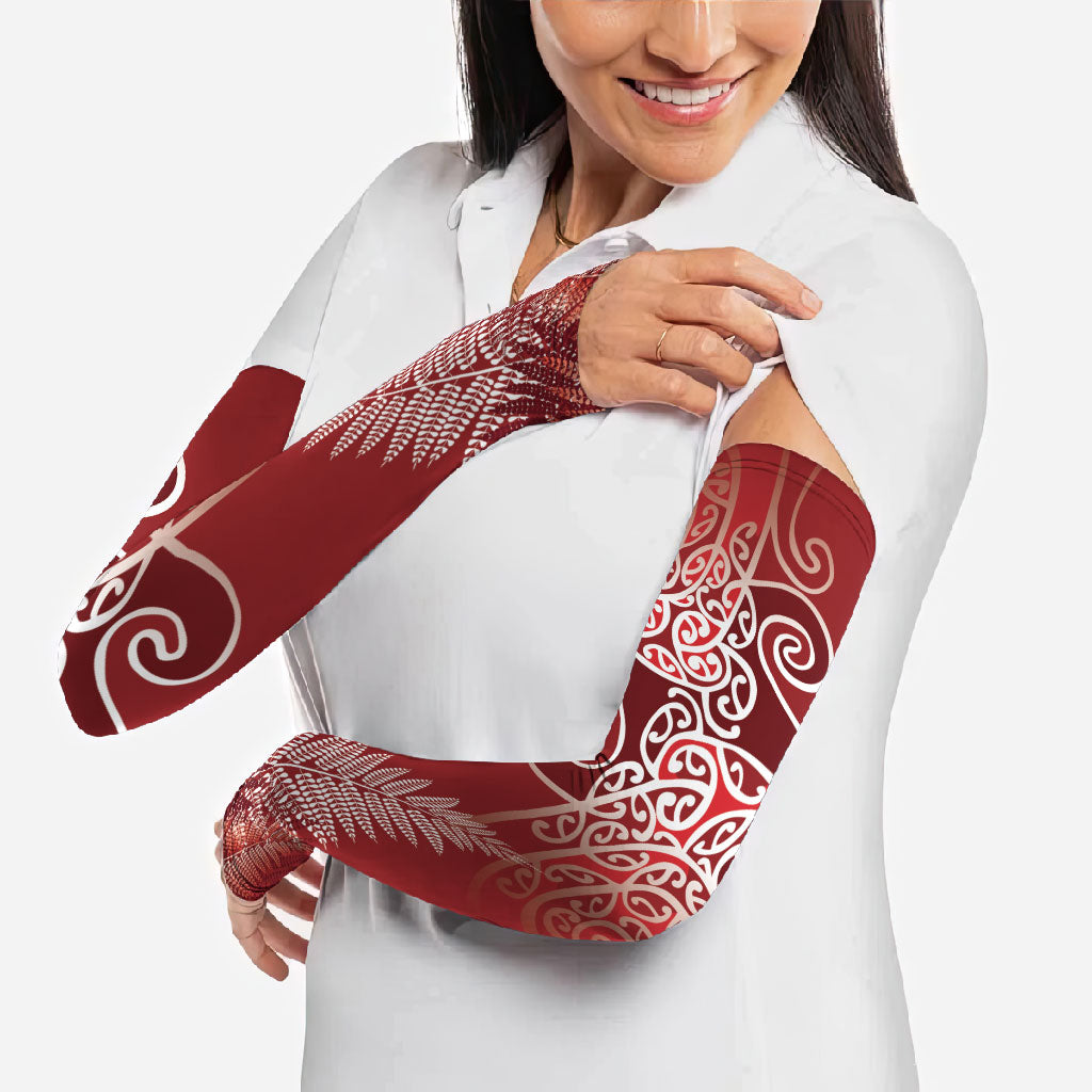 Aotearoa Maori Koru Curves Arm Sleeves Silver Ferns - Crimson Red