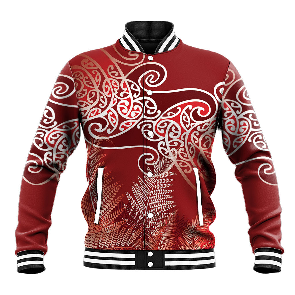 Aotearoa Maori Koru Curves Baseball Jacket Silver Ferns - Crimson Red