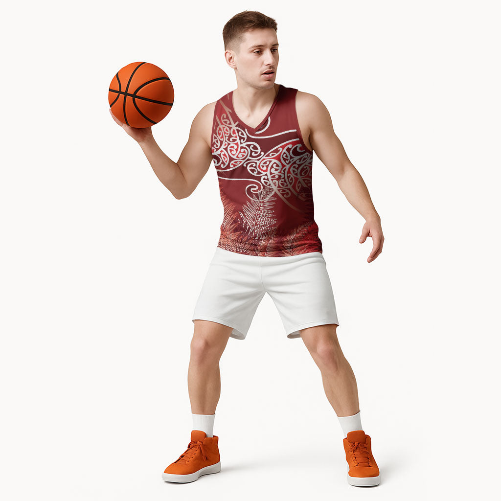 Aotearoa Maori Koru Curves Basketball Jersey Silver Ferns - Crimson Red