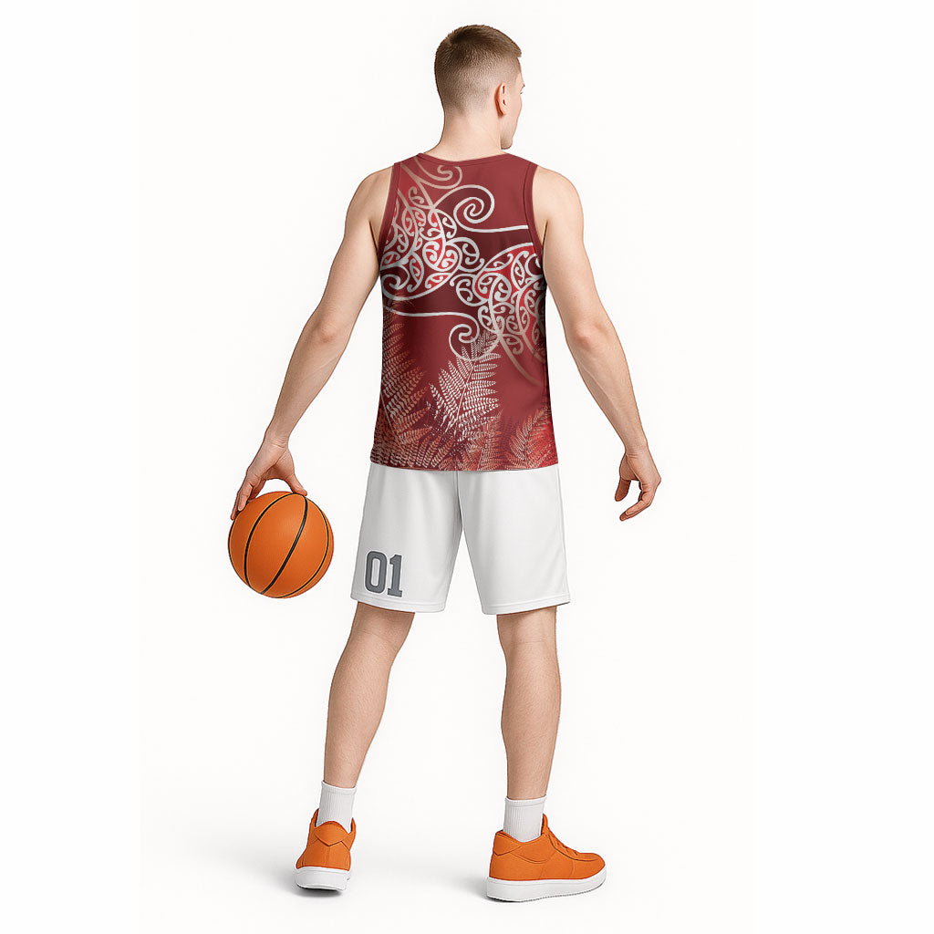 Aotearoa Maori Koru Curves Basketball Jersey Silver Ferns - Crimson Red