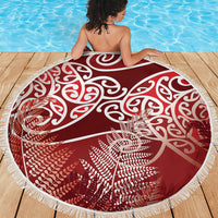 Aotearoa Maori Koru Curves Beach Blanket Silver Ferns - Crimson Red