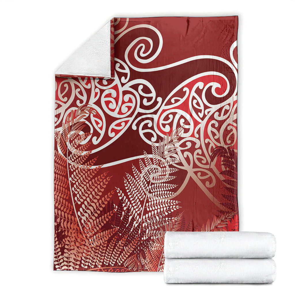 Aotearoa Maori Koru Curves Blanket Silver Ferns - Crimson Red