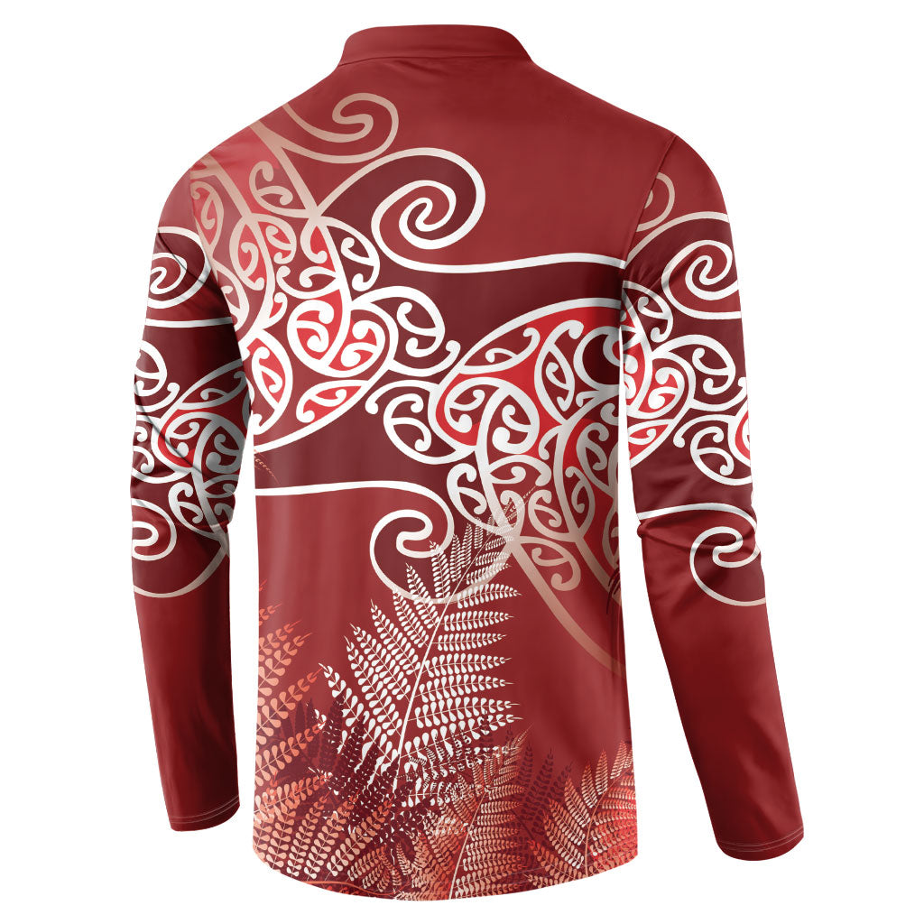 Aotearoa Maori Koru Curves Button Sweatshirt Silver Ferns - Crimson Red