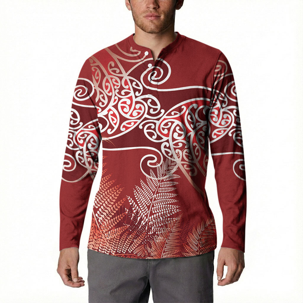 Aotearoa Maori Koru Curves Button Sweatshirt Silver Ferns - Crimson Red