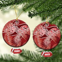 Aotearoa Maori Koru Curves Ceramic Ornament Silver Ferns - Crimson Red