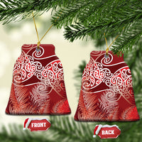Aotearoa Maori Koru Curves Ceramic Ornament Silver Ferns - Crimson Red