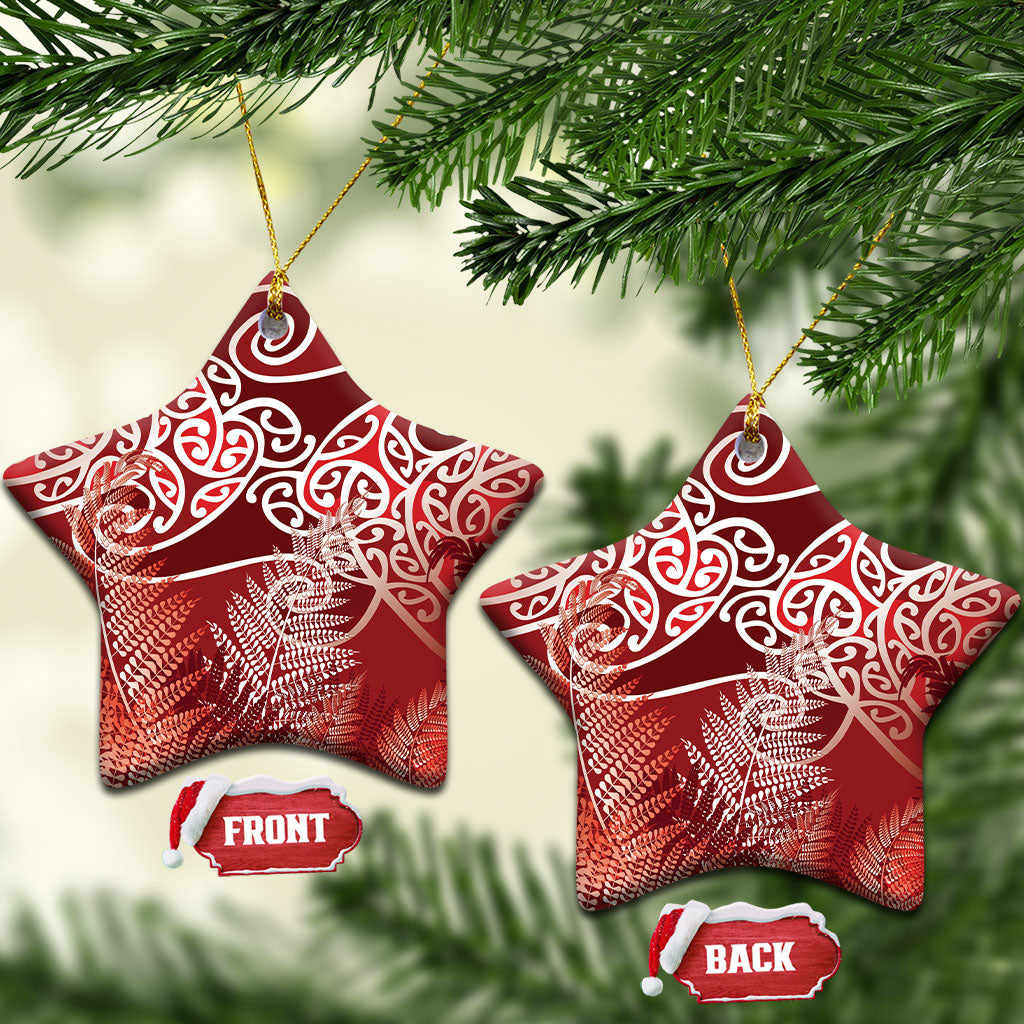 Aotearoa Maori Koru Curves Ceramic Ornament Silver Ferns - Crimson Red