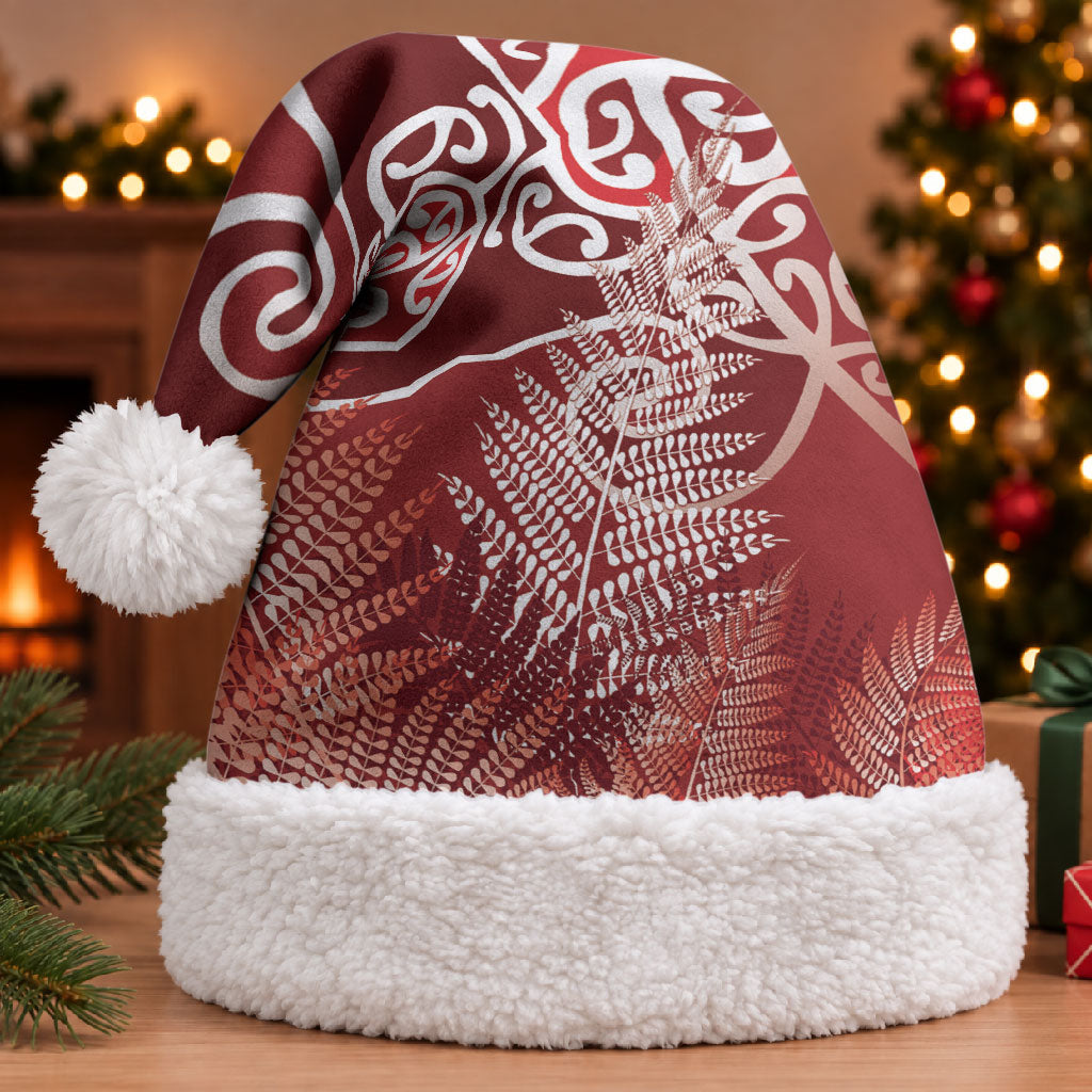 Aotearoa Maori Koru Curves Christmas Santa Hat Silver Ferns - Crimson Red LT7 With Fur Red - Polynesian Pride