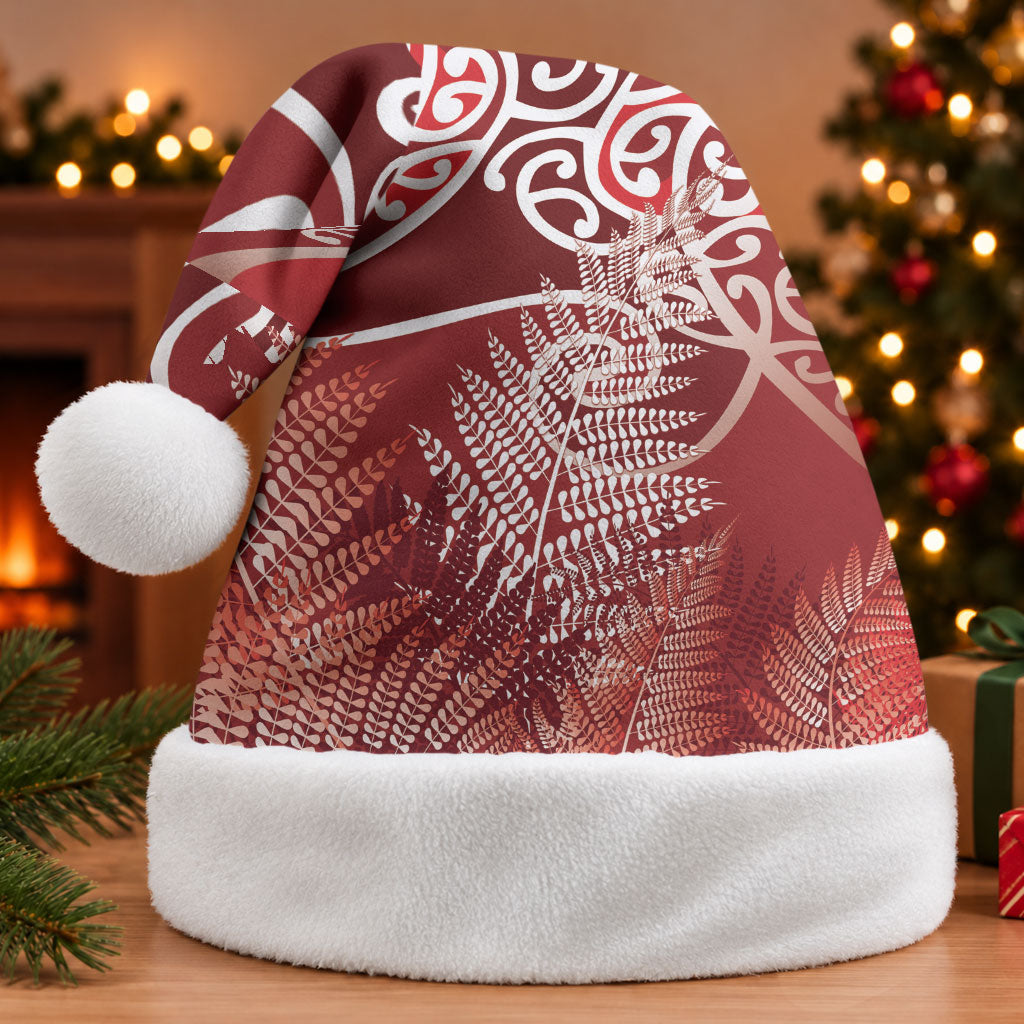 Aotearoa Maori Koru Curves Christmas Santa Hat Silver Ferns - Crimson Red LT7 Without Fur Red - Polynesian Pride