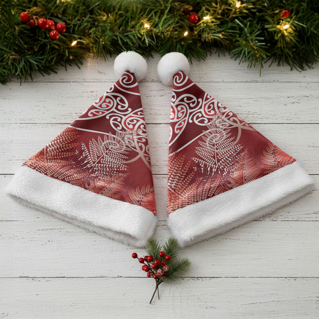 Aotearoa Maori Koru Curves Christmas Santa Hat Silver Ferns - Crimson Red LT7 - Polynesian Pride