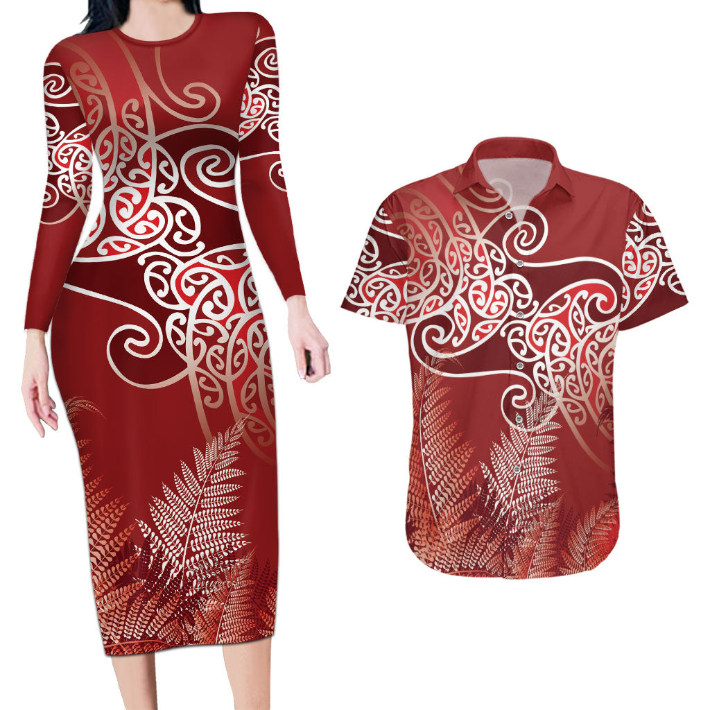 Aotearoa Maori Koru Curves Couples Matching Long Sleeve Bodycon Dress and Hawaiian Shirt Silver Ferns - Crimson Red LT7 Red - Polynesian Pride