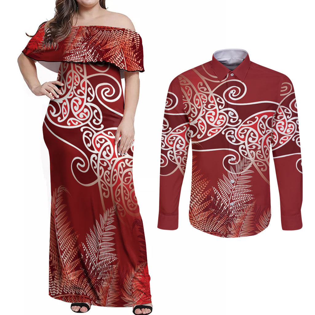 Aotearoa Maori Koru Curves Couples Matching Off Shoulder Maxi Dress and Long Sleeve Button Shirt Silver Ferns - Crimson Red LT7 Red - Polynesian Pride
