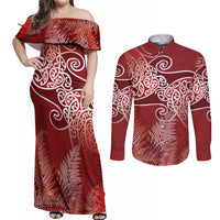 Aotearoa Maori Koru Curves Couples Matching Off Shoulder Maxi Dress and Long Sleeve Button Shirt Silver Ferns - Crimson Red LT7 Red - Polynesian Pride