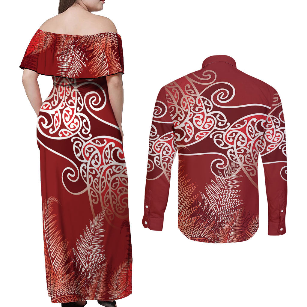Aotearoa Maori Koru Curves Couples Matching Off Shoulder Maxi Dress and Long Sleeve Button Shirt Silver Ferns - Crimson Red LT7 - Polynesian Pride