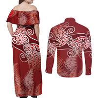 Aotearoa Maori Koru Curves Couples Matching Off Shoulder Maxi Dress and Long Sleeve Button Shirt Silver Ferns - Crimson Red LT7 - Polynesian Pride
