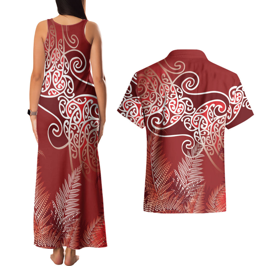 Aotearoa Maori Koru Curves Couples Matching Tank Maxi Dress and Hawaiian Shirt Silver Ferns - Crimson Red