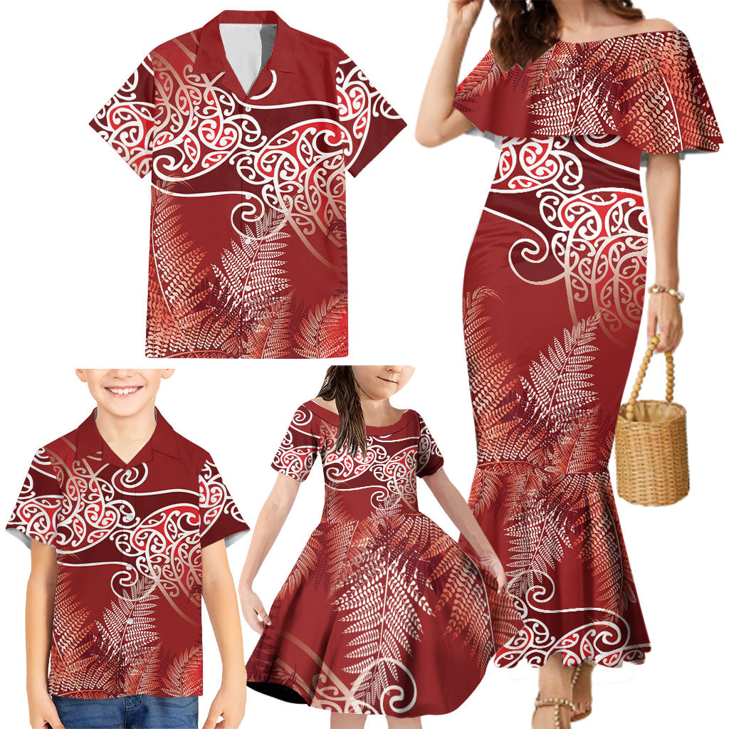 Aotearoa Maori Koru Curves Family Matching Mermaid Dress and Hawaiian Shirt Silver Ferns - Crimson Red