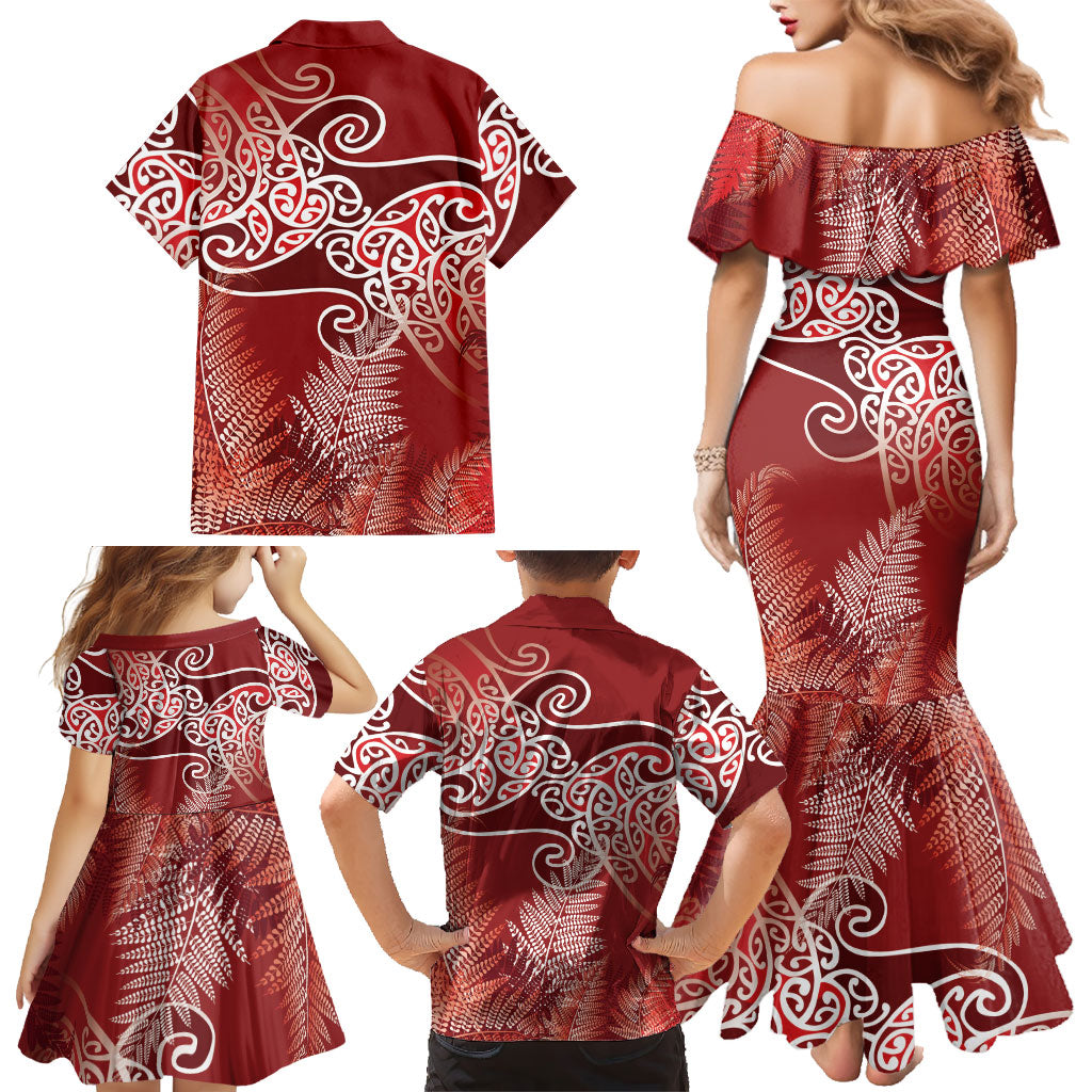 Aotearoa Maori Koru Curves Family Matching Mermaid Dress and Hawaiian Shirt Silver Ferns - Crimson Red LT7 - Polynesian Pride