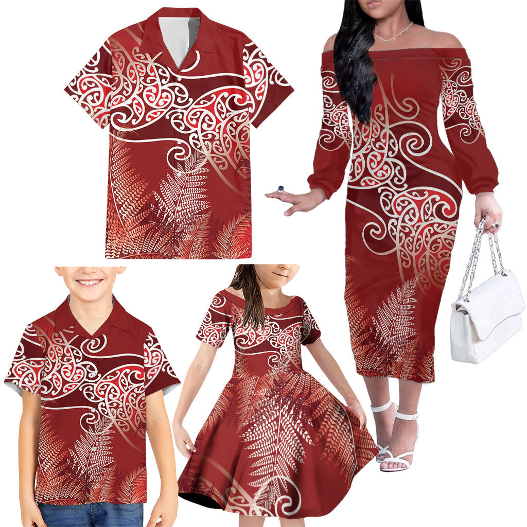 Aotearoa Maori Koru Curves Family Matching Off The Shoulder Long Sleeve Dress and Hawaiian Shirt Silver Ferns - Crimson Red