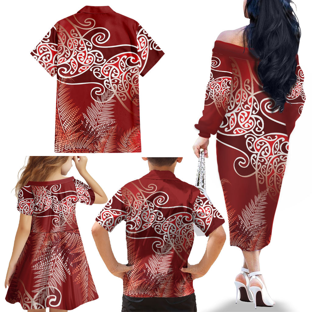 Aotearoa Maori Koru Curves Family Matching Off The Shoulder Long Sleeve Dress and Hawaiian Shirt Silver Ferns - Crimson Red LT7 - Polynesian Pride