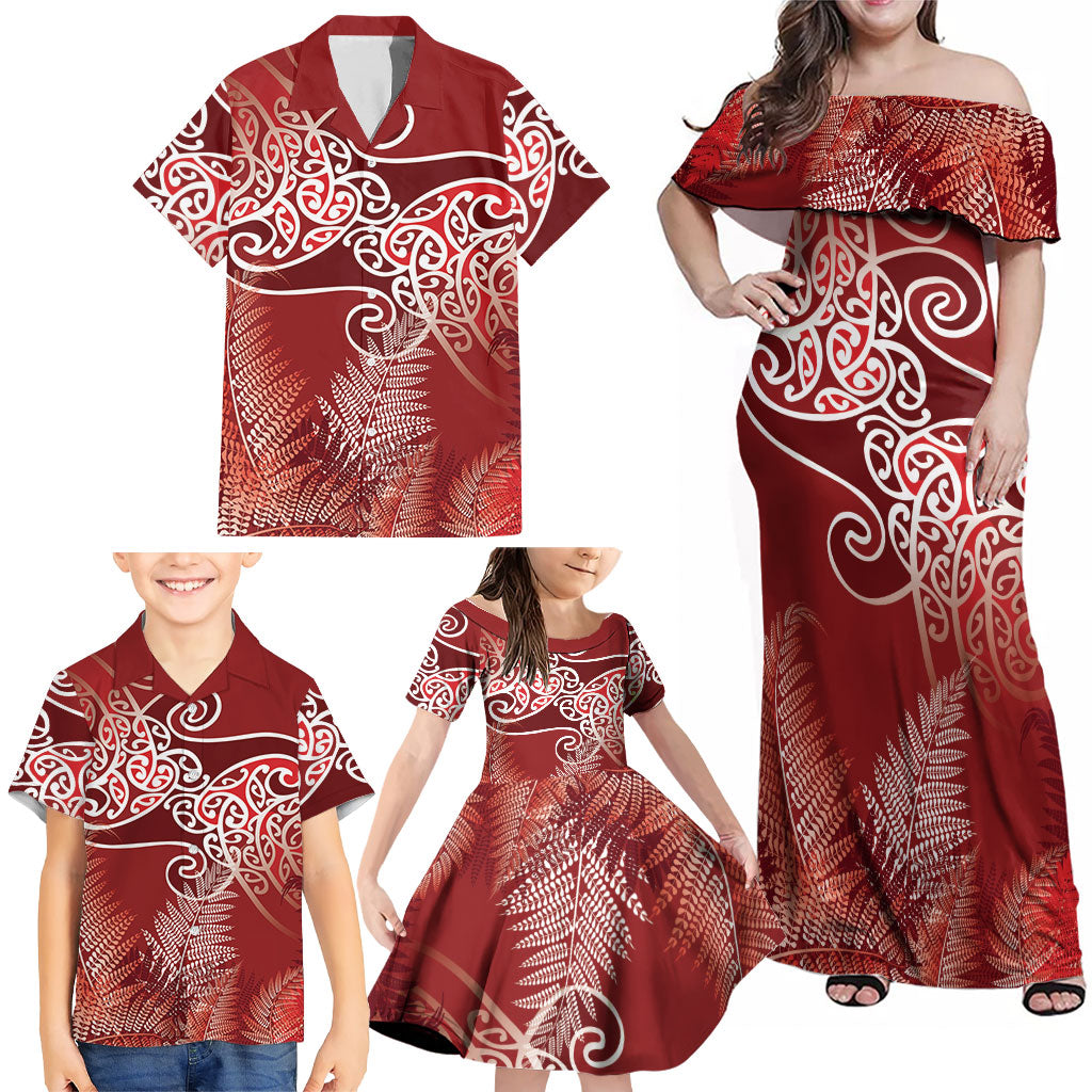 Aotearoa Maori Koru Curves Family Matching Off Shoulder Maxi Dress and Hawaiian Shirt Silver Ferns - Crimson Red LT7 - Polynesian Pride