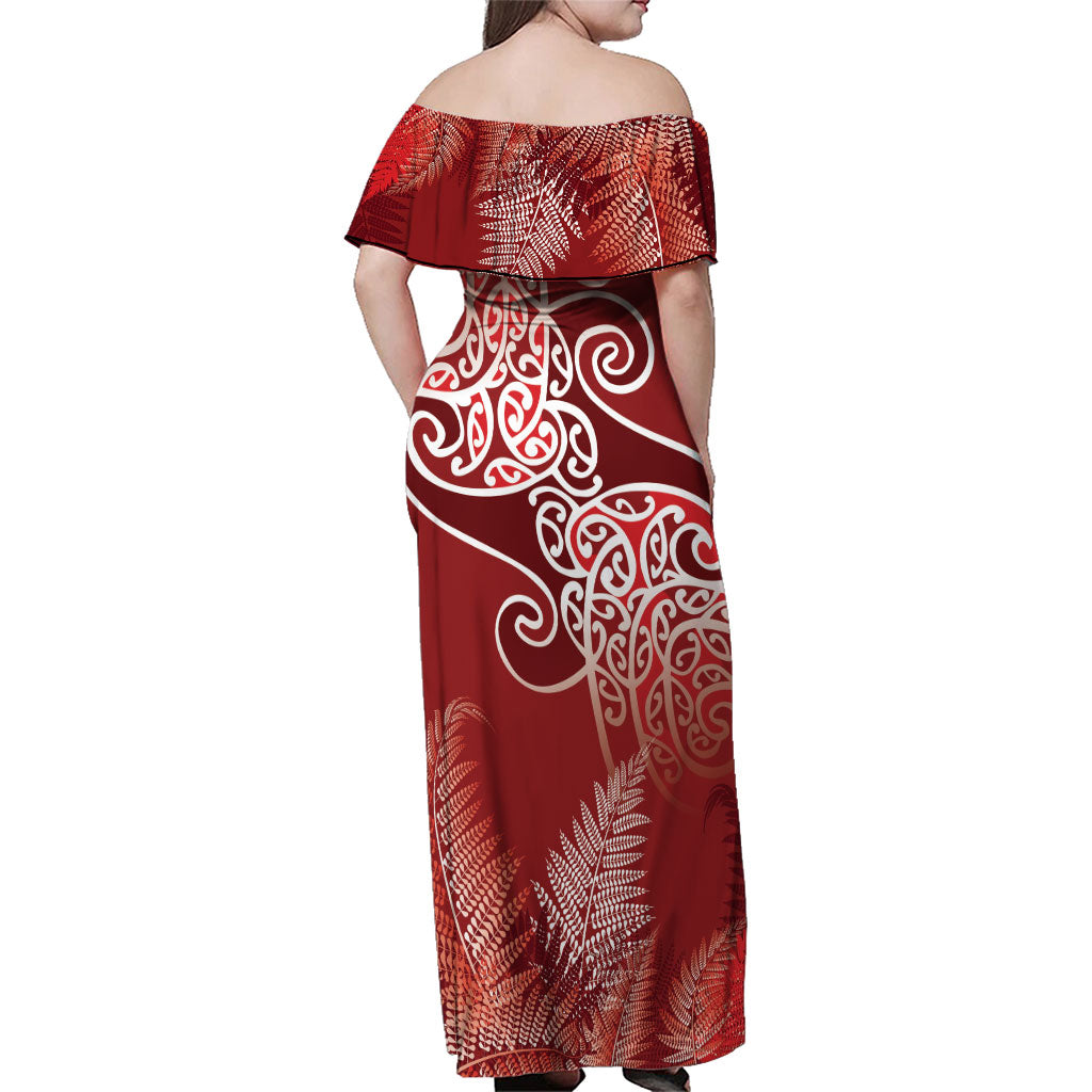 Aotearoa Maori Koru Curves Family Matching Off Shoulder Maxi Dress and Hawaiian Shirt Silver Ferns - Crimson Red LT7 - Polynesian Pride