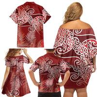 Aotearoa Maori Koru Curves Family Matching Off Shoulder Short Dress and Hawaiian Shirt Silver Ferns - Crimson Red LT7 - Polynesian Pride