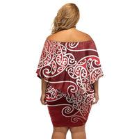 Aotearoa Maori Koru Curves Family Matching Off Shoulder Short Dress and Hawaiian Shirt Silver Ferns - Crimson Red LT7 - Polynesian Pride