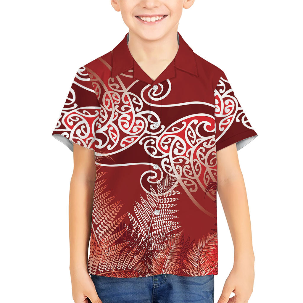 Aotearoa Maori Koru Curves Family Matching Off Shoulder Short Dress and Hawaiian Shirt Silver Ferns - Crimson Red LT7 Son's Shirt Red - Polynesian Pride